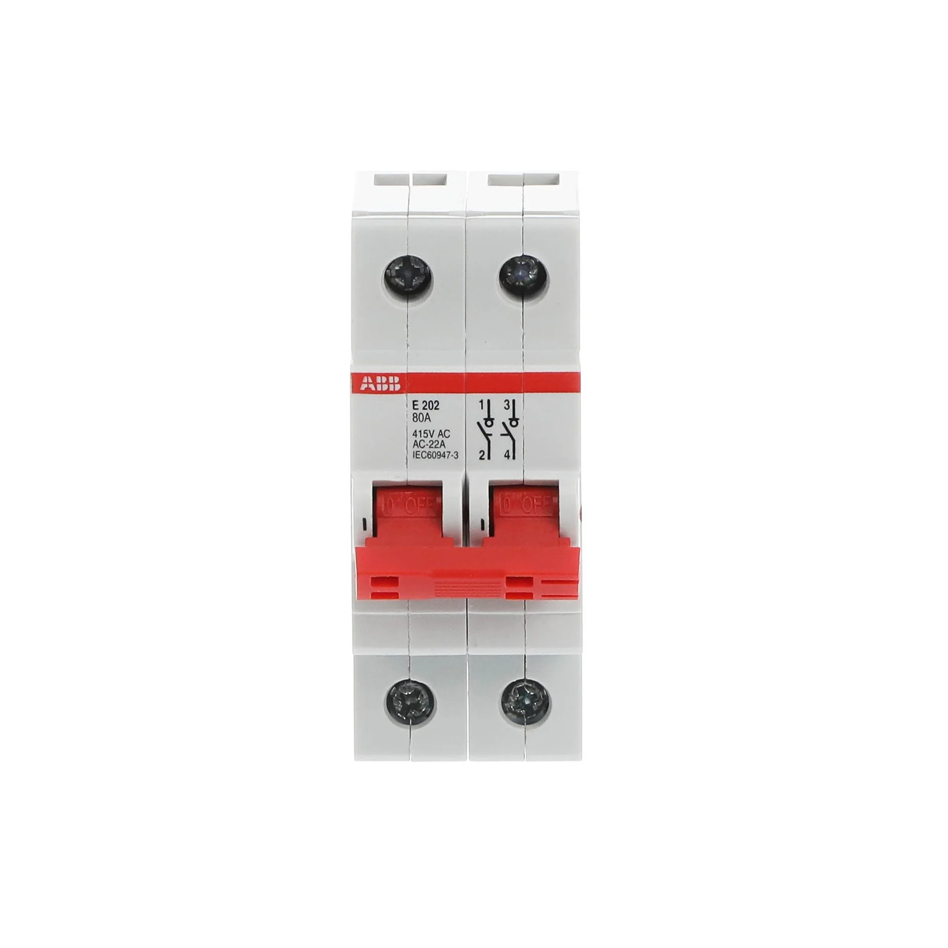 Seccionador de línea bipolar In 80, Maneta Roja, Fijación DIN Modelo:E 202/80r                          