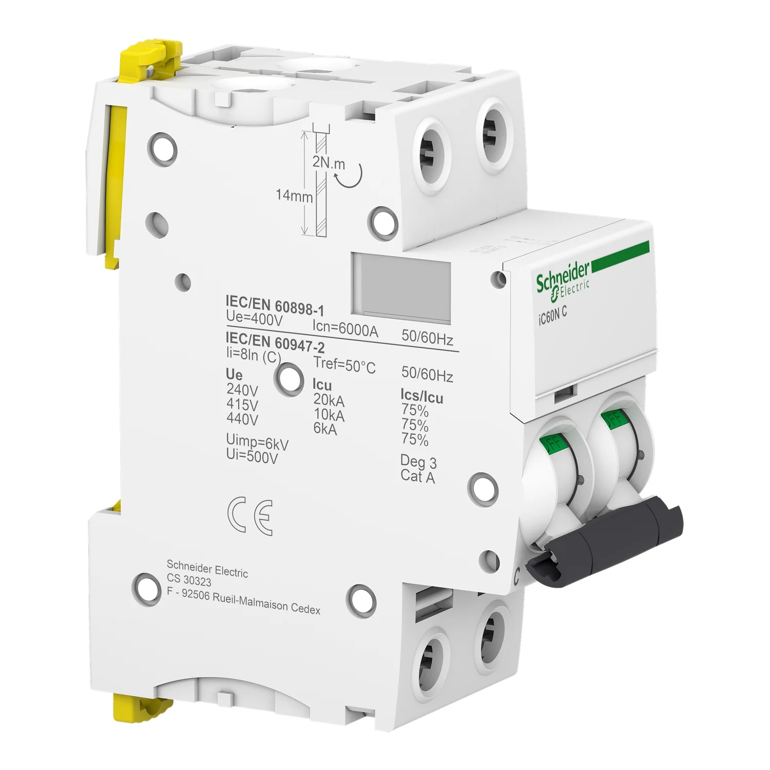 Interruptor Aut. Termomagnético Acti9 iC60N 2P 16A Curva C - Vista 2 de 3