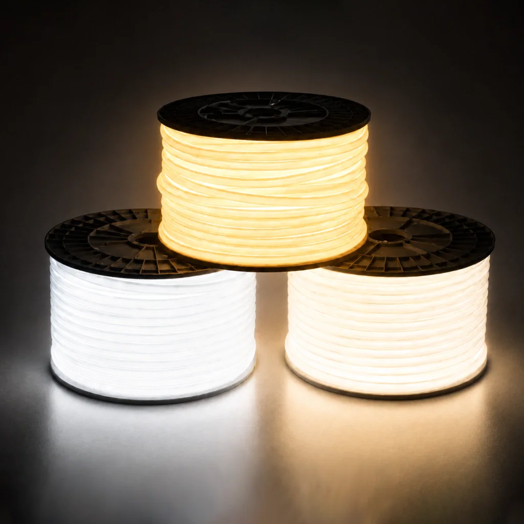 Tira LED NEON flexible Longitud: 50 m LED: 2835 / 120D Especificación: corte cada 100 cm / 220 V / 0,8 cm Arranque: con driver / incluye un cable de alimentación Perfil: 6 × 12 cm Temperatura de color: 6500k